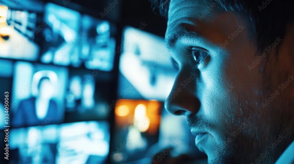 Poster a person examining multiple tv monitors in a dimly lit space