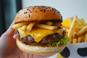 Cheeseburger with fries in the hand 