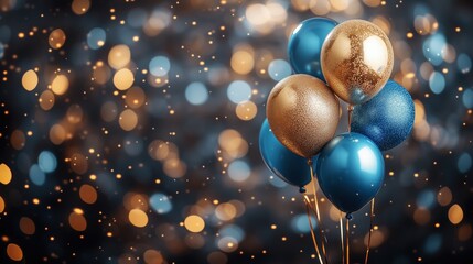 Shiny blue and gold balloons creating a festive atmosphere with sparkling bokeh lights, perfect for celebrations and events. Ai generated