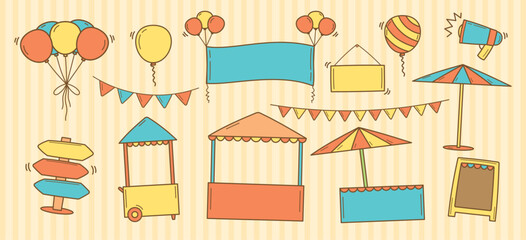 cute hand drawn graphic element vector set in fair or market items concept