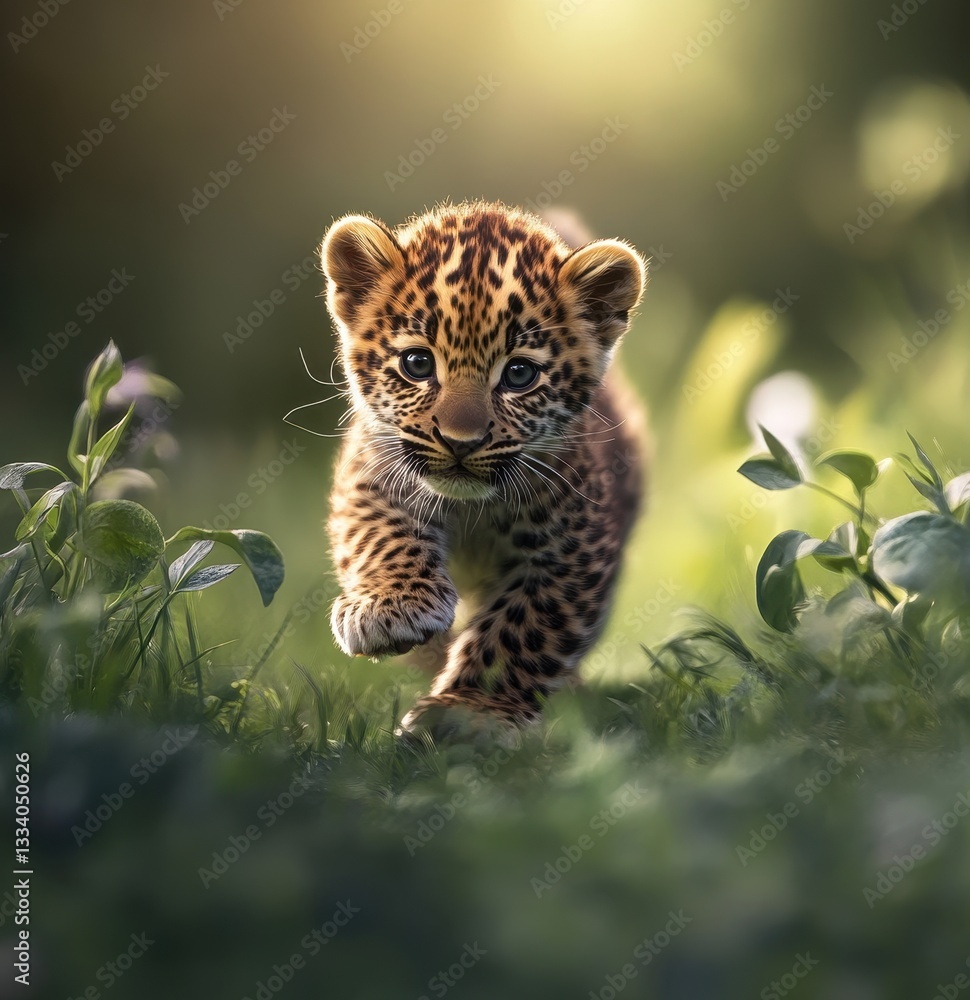 Poster playful leopard cub running through lush green grass under warm sunlight with soft bokeh background 