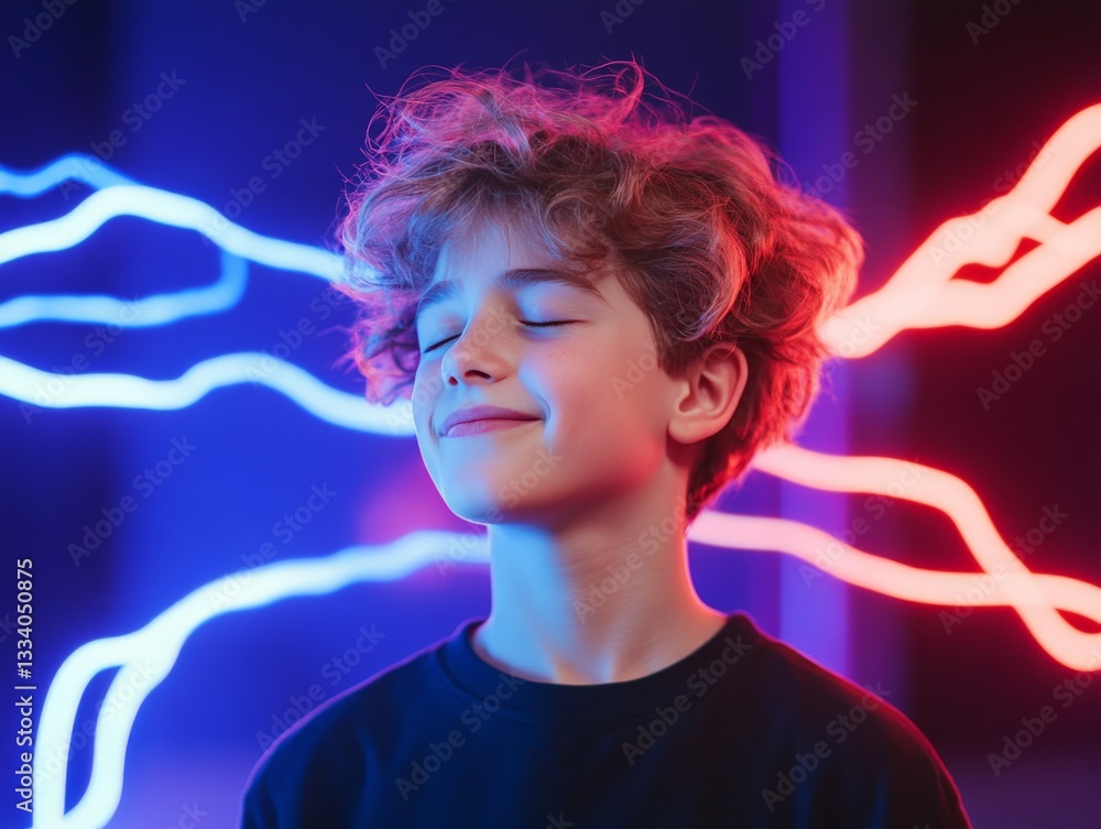 Poster person surrounded by abstract neural light patterns and glowing brain waves symbolizing digital tran
