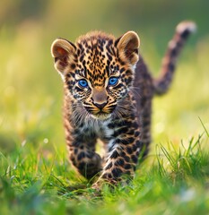 Obraz premium Playful Leopard Cub with Stunning Blue Eyes Walking Through Lush Green Grass in Bright Natural Environment, Captivating Wildlife Photography