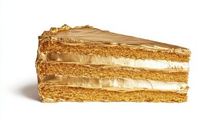 A decadent slice of cake covered in golden edible details