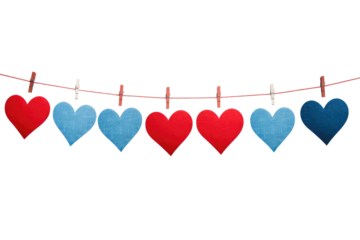 hearts hanging on clothesline on transparent background