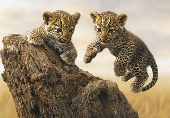 Obraz premium Playful Leopard Cubs Engaged in a Joyful Leap Over a Log Amidst a Serene Natural Setting in the African Wilderness