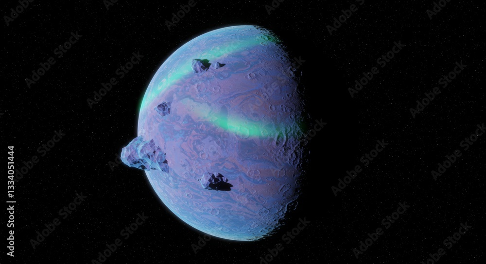 Wall mural generative ai exoplanet with aurora and asteroids illustration exoplanet planet aurora asteroid spac