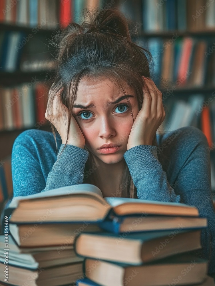 Aufkleber a woman sits amidst a stack of books, providing an intimate atmosphere for reading and learning