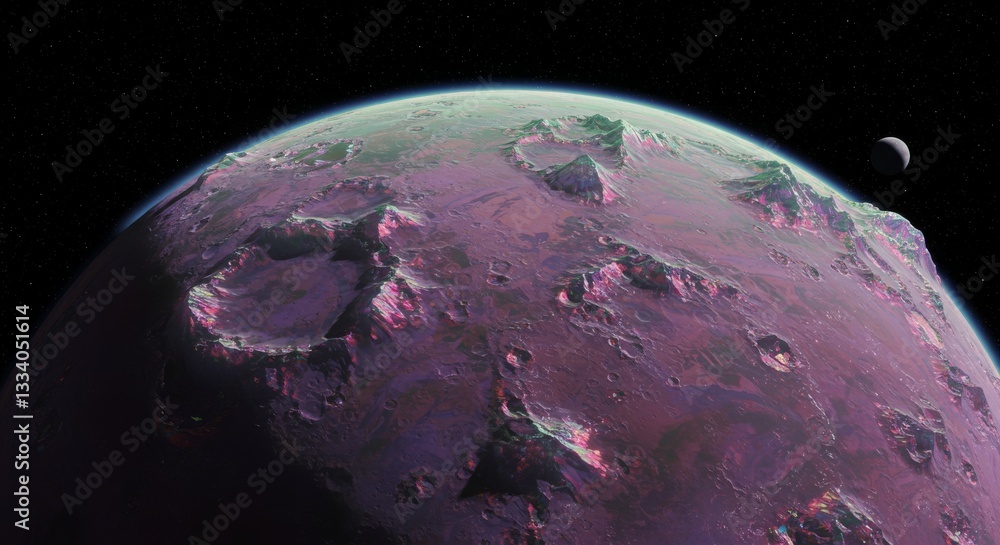 Wall mural generative ai alien planet surface with distant moon planet alien planet moon surface purple craters
