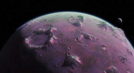 Naklejka premium Generative AI Alien Planet Surface With Distant Moon planet alien planet moon surface purple craters mountains space atmosphere horizon exploration discovery future science fiction