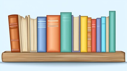 Stylized Bookshelf Illustration with Colorful Book Spines and Wooden Support
