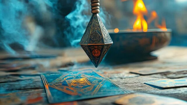 video of Cartomancy &ndash; Pendulum Swinging Over a Mystical Altar with Blurred Tarot Cards and Rising Smoke