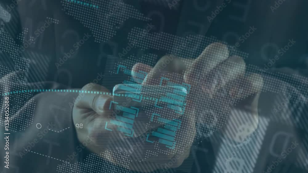 Poster hands interacting with digital animation and graphs in futuristic school interface