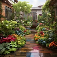 Obraz premium Rainy Garden Becomes a Vibrant Sanctuary, Blending Water and Foliage into a Colorful Harmony