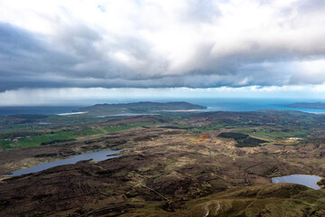 Aerial view of the Muckish mountain and the trail called miners path in county Donegal. Ireland