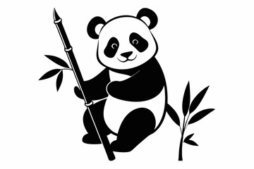 panda on bamboo line art silhouette vector illustration