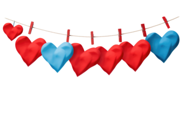 hearts hanging on clothesline on transparent background