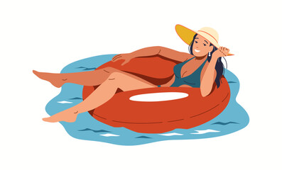 Illustration of a woman wearing a hat and swimsuit lounging on a red inflatable ring in calm blue water, enjoying a sunny day with a joyful expression.