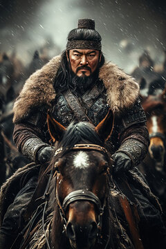 Genghis Khan commanding the Mongol horde during an ancient horseback attack