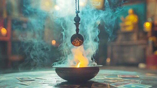 video of Cartomancy &ndash; Pendulum Swinging Over a Mystical Altar with Blurred Tarot Cards and Rising Smoke
