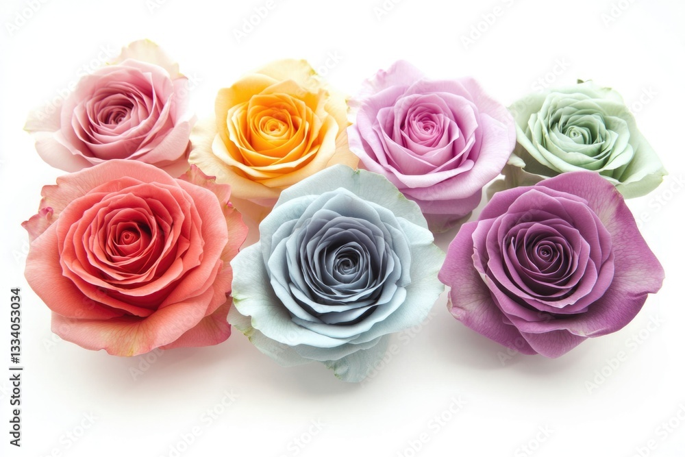 Poster a bouquet of colorful roses arranged on a white surface, suitable for use in floral designs or as a 