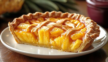 Delicious sliced pineapple pie presented on a white ceramic plate