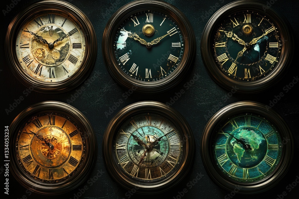 Poster four clocks mounted on a wall, providing timekeeping functionality