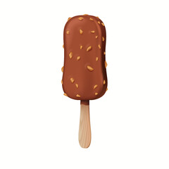 Realistic illustration of chocolatecoated ice cream on a stick with nuts against a clean white background. Perfect for dessert themed designs and food advertising.