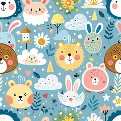 Obraz premium Whimsical Animal Wonderland: Seamless pattern of delightful cartoon animals, including bears, rabbits, and a hedgehog, amidst cheerful flowers, clouds, and stars on a bright blue backdrop. 