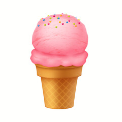 Illustration of a pink ice cream scoop topped with colorful sprinkles in a waffle cone against a white background, evoking a sense of summer delight.