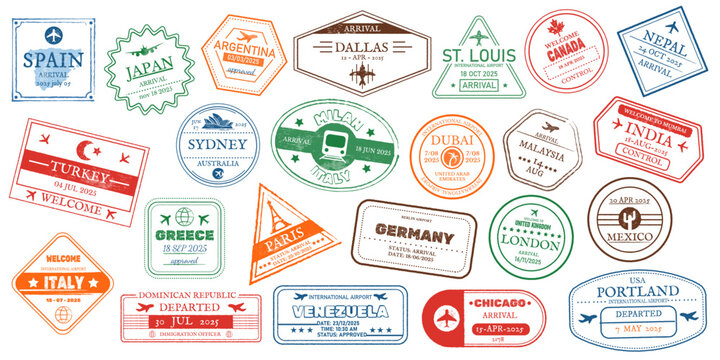 Illustration of variety of vibrant passport stamps representing different countries worldwide. Each stamp displays unique designs and colors, symbolizing international travel and cultural exploration.