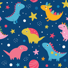 Fototapeta premium Cosmic Dino Dreamscape: A whimsical pattern of colorful, cartoon dinosaurs, scattered among stars and planets in a deep space. Suitable for children, evoking a sense of playfulness and imagination.