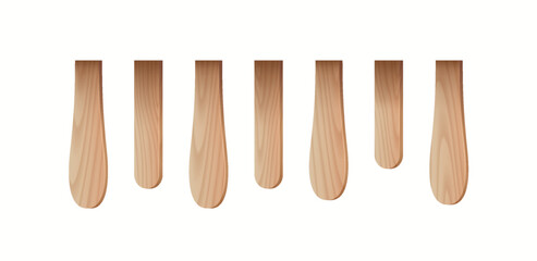 Seven wooden spoon handles or popsicle stick are shown vertically on a white background. The natural wood grain texture and smooth surface enhance the design. Suitable for kitchen or craft projects.