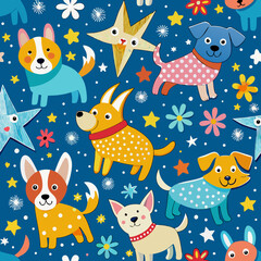 Whimsical Pup Pattern: A joyful, patterned illustration featuring a delightful arrangement of playful cartoon dogs and sparkling stars set against a vibrant blue backdrop.
