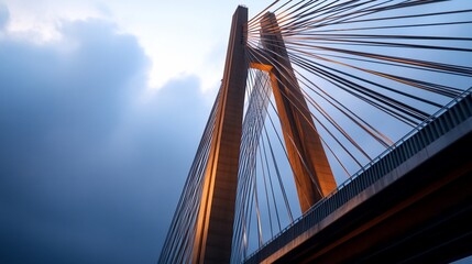 Obraz premium Striking upward view of a modern cable-stayed bridge against cloudy sky