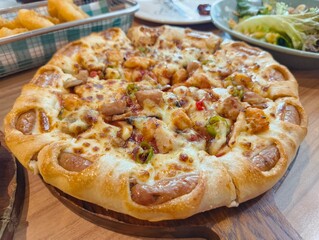 Hot pizza Margaritas on a gray concrete countertop. Cheese in a pizza crust. Tasty vegetable pizza