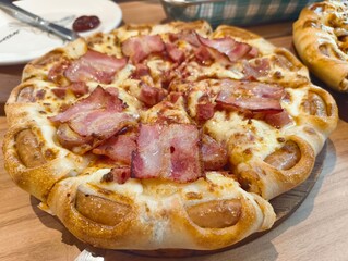 Hot pizza Margaritas on a gray concrete countertop. Cheese in a pizza crust. Tasty vegetable pizza