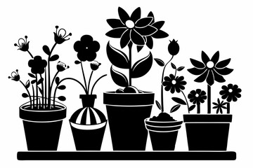 set of flower in a pot line art silhouette vector illustration