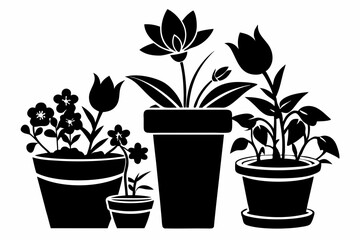 Obraz premium set of flower in a pot line art silhouette vector illustration