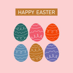 Happy Easter card and poster with bright Easter eggs. Easter banner, fram, cover, label template.
