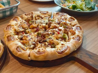 Hot pizza Margaritas on a gray concrete countertop. Cheese in a pizza crust. Tasty vegetable pizza