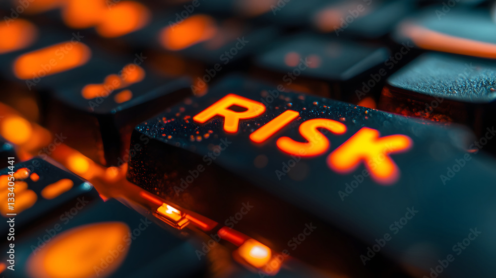Poster illuminated risk key dramatic close-up of glowing keyboard button