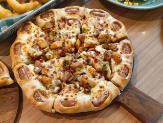 Hot pizza Margaritas on a gray concrete countertop. Cheese in a pizza crust. Tasty vegetable pizza