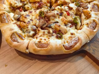 Hot pizza Margaritas on a gray concrete countertop. Cheese in a pizza crust. Tasty vegetable pizza