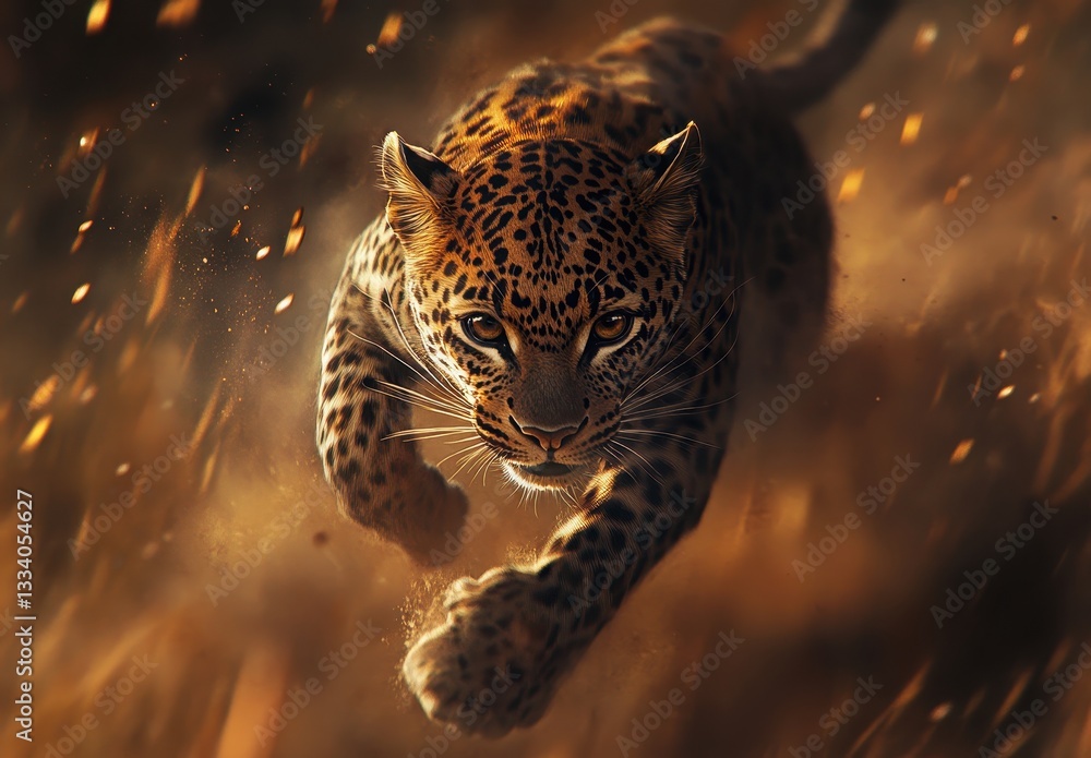 Aufkleber powerful leopard in a dynamic run through a dusty landscape captured in stunning detail with intense