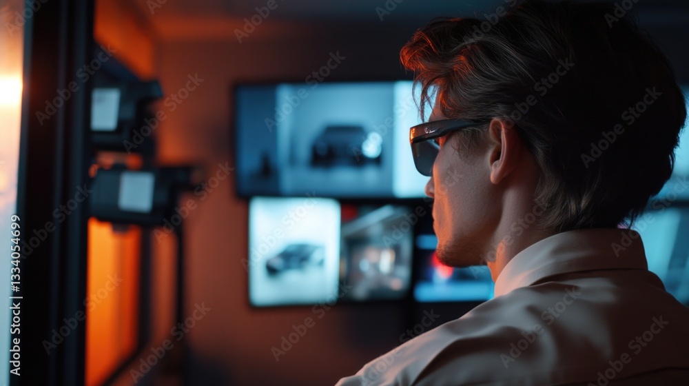 Poster a person studying multiple tv screens with glasses on
