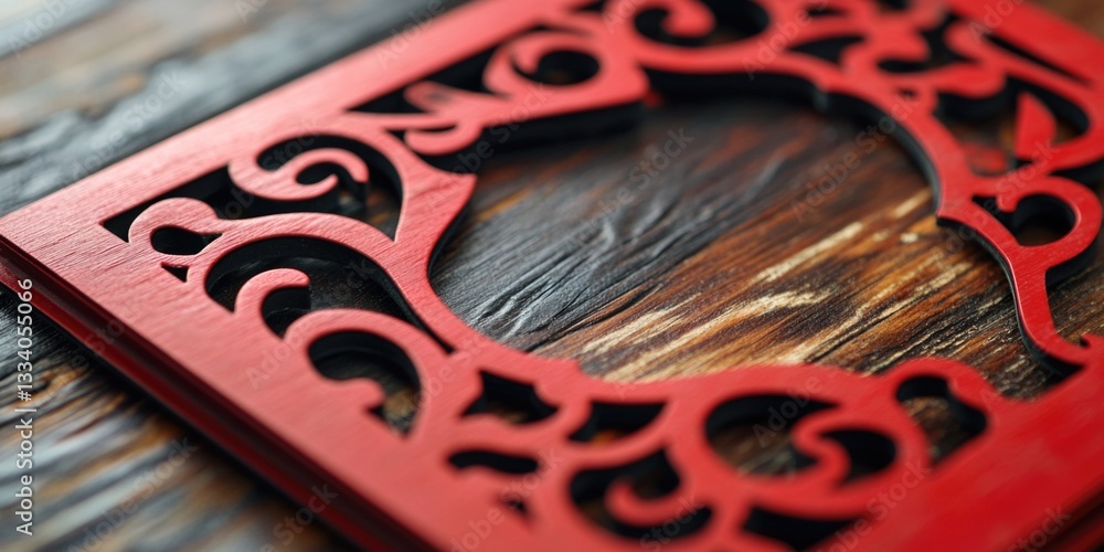 Poster close-up shot of a red picture frame on a wooden table