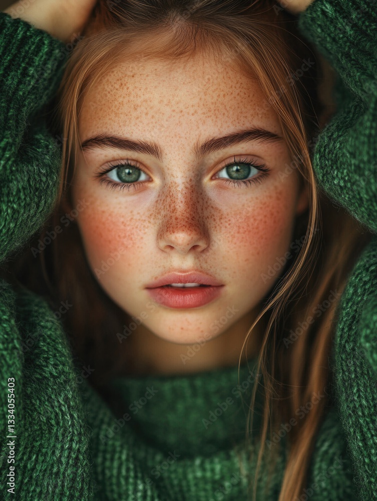 Poster a detailed view of a person's face with distinctive freckles, ideal for use in medical or educationa