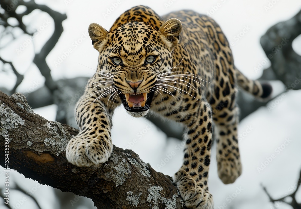 Poster powerful leopard stalking in nature with intense expression and focused gaze on tree branch in wildl
