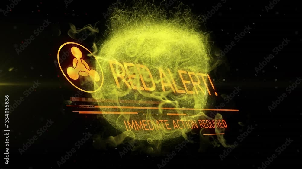 Poster red alert and immediate action required text over glowing yellow sphere animation